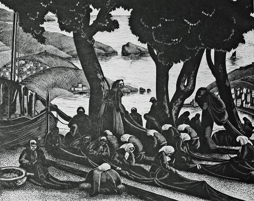 Clare Leighton (1898-1989) The Net Menders, 1933 Wood engraving (6x7.5 inches)