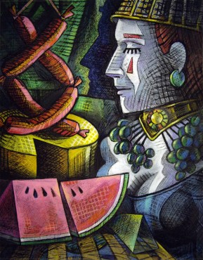 Lynwood Kreneck; Clown in the Rich Kitchen, 1997; Screen print, drawing, sewing; Image: 944 x 754 mm 